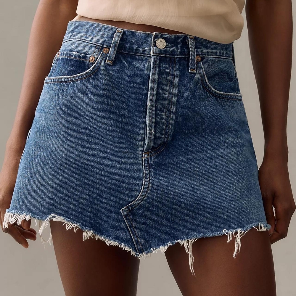 Agolde Blue Distressed A-Line Denim Mini Skirt